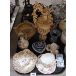 *WITHDRAWN* A small collection of Dresden porcelain, Wedgwood pieces, a framed mirror etc