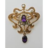 A 9ct gold amethyst and pearl Edwardian style pendant brooch, 3.7cm x 3cm, weight 5.7gms