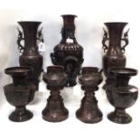 A pair of Japanese bronze dragon handled vases, 35cm high, two other pairs and a single vase Gilbert