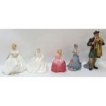 Three Royal Doulton figures including The Laird, Heather and Rose and two Coalport figures (5)