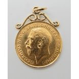 A 1913 gold half sovereign in soldered on pendant mount, weight 4.4gms