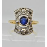 An 18ct gold diamond and sapphire Art Deco style ring, weight 3.8gms