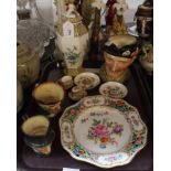 A Dresden moulded and flower decorated plate, three Royal Doulton character jugs and other items