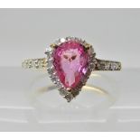 A 9ct gold pear shaped pink sapphire and diamond ring finger size O Condition Report: