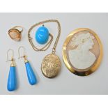 A 9ct gold shell cameo brooch of a maiden, a cameo ring a turquoise pendant with turquoise