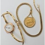 A 9ct gold Lanco watch head with gold plated strap and an 1891 gold full sovereign in 9ct gold