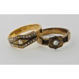 A 15ct gold black enamel and pearl mourning ring finger size R1/2, and another yellow metal pearl