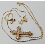 A 9ct gold chain with faith hope and charity charm, 9ct gem set ring and a gold plated cross