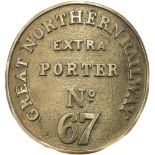 GNR porter’s armband GREAT NORTHERN RAILWAY EXTRA PORTER No67. Circular cast brass 4.5in diameter