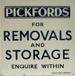 Advertising enamel sign PICKFORDS FOR REMOVALS AND STORAGE ENQUIRE WITHIN marked Franco Signs London