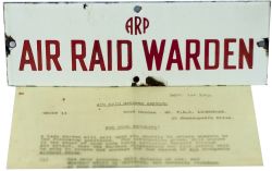 Enamel World War 2 sign ARP AIR RAID WARDEN, together with a letter dated Sept 1941 detailing the