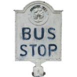 Bus stop sign COLWYN BAY, double sided cast iron with original post mounting. Measures 28in x 18in