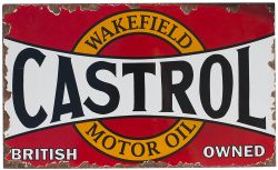 Enamel advertising motoring sign WAKEFIELD CASTROL MOTOR OIL BRITISH OWNED. Measures 19.75in x