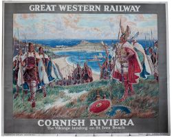 GWR poster CORNISH RIVIERA THE VIKINGS LANDING ON ST IVES BEACH by Percy Spence 1928. Quad Royal