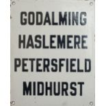 LSWR enamel destination sign GODALMING HASLEMERE PETERSFIELD MIDHURST ex Guildford Station. Measures