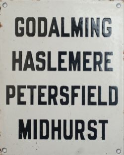 LSWR enamel destination sign GODALMING HASLEMERE PETERSFIELD MIDHURST ex Guildford Station. Measures