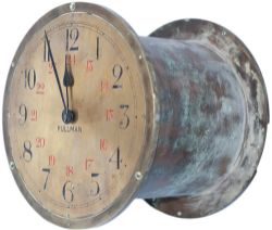 Pullman brass cased double sided clock. The 8in dials are engraved and wax filled PULLMAN 1177 H.