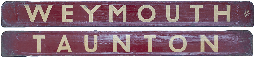GWR/BR-W wooden carriage board TAUNTON - WEYMOUTH painted straw on maroon and measuring 32in long.