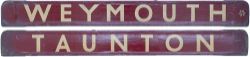 GWR/BR-W wooden carriage board TAUNTON - WEYMOUTH painted straw on maroon and measuring 32in long.