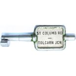 GWR/BR-W Tyers No9 single line aluminium key token ST COLUMB ROAD - TOLCARN JCN, configuration B. In
