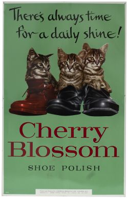 Advertising sign CHERRY BLOSSOM SHOE POLISH with the 3 cats in boots image above. Measures 28in x