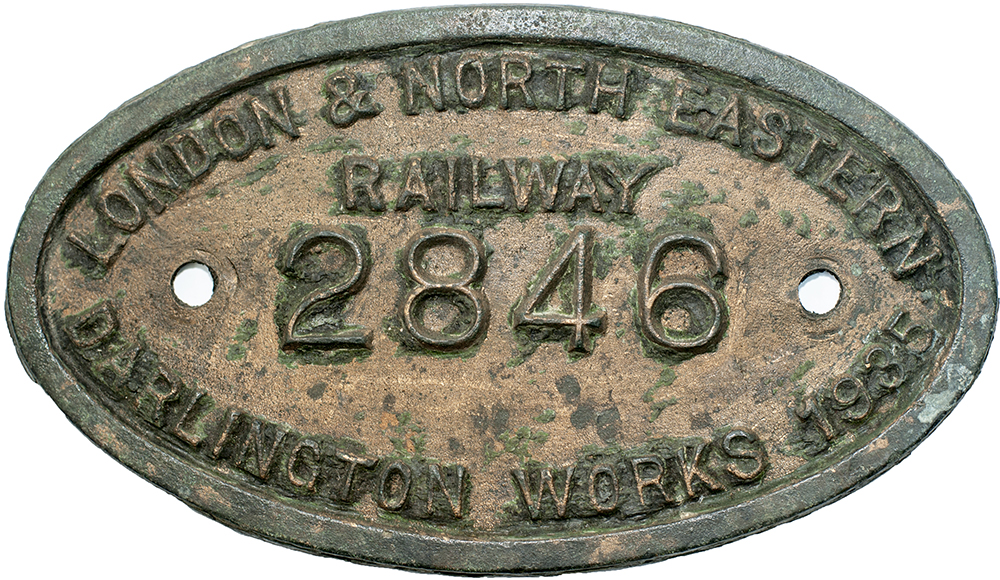 LNER 9x5 worksplate LONDON & NORTH EASTERN RAILWAY DARLINGTON WORKS 1935 2846 ex Gresley B17 4-6-0