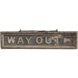 GWR wooden platform hanging sign WAY OUT with pointing hand. Double sided, measures 46in x 9.75in.