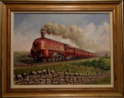 Original oil painting of DUCHESS OF HAMILTON 6229 ON SHAP in LMS full crimson livery by Robert Nixon