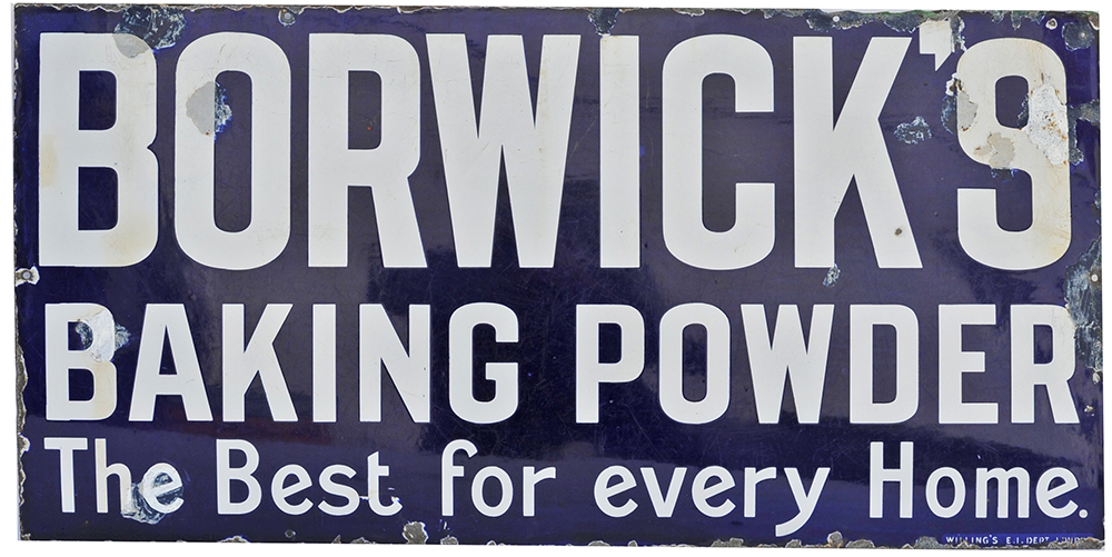 Advertising enamel sign BORWICK'S BAKING POWDER THE BEST FOR EVERY HOME. Measures 36in x 18in and is