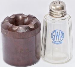 GWR glass pepper pot marked with the GWR Hotels roundel in blue on the face, stands 3.5in tall.