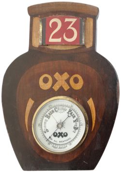 OXO advertising barometer in the shape of a jar of Oxo beef extract. Veneered mahogany with