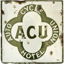 Enamel double sided advertising motoring sign ACU AUTO CYCLE UNION HOTEL. Measures 20in x 20in and