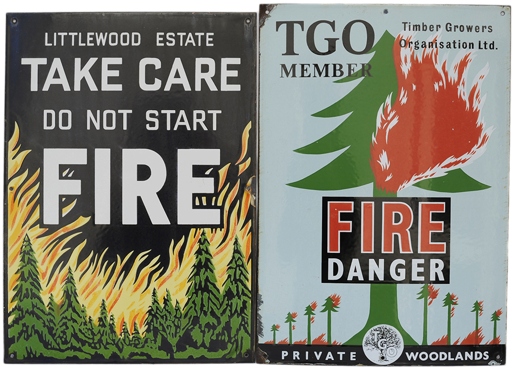 A pair of advertising enamel signs; LITTLEWOOD ESTATE TAKE CARE DO NOT START FIRE together with