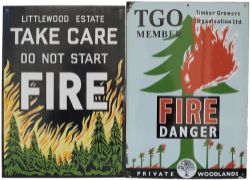 A pair of advertising enamel signs; LITTLEWOOD ESTATE TAKE CARE DO NOT START FIRE together with