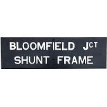 LNWR ground frame sign BLOOMFIELD JCT. Wood with cast iron letters, measures 39in x 12in. In very