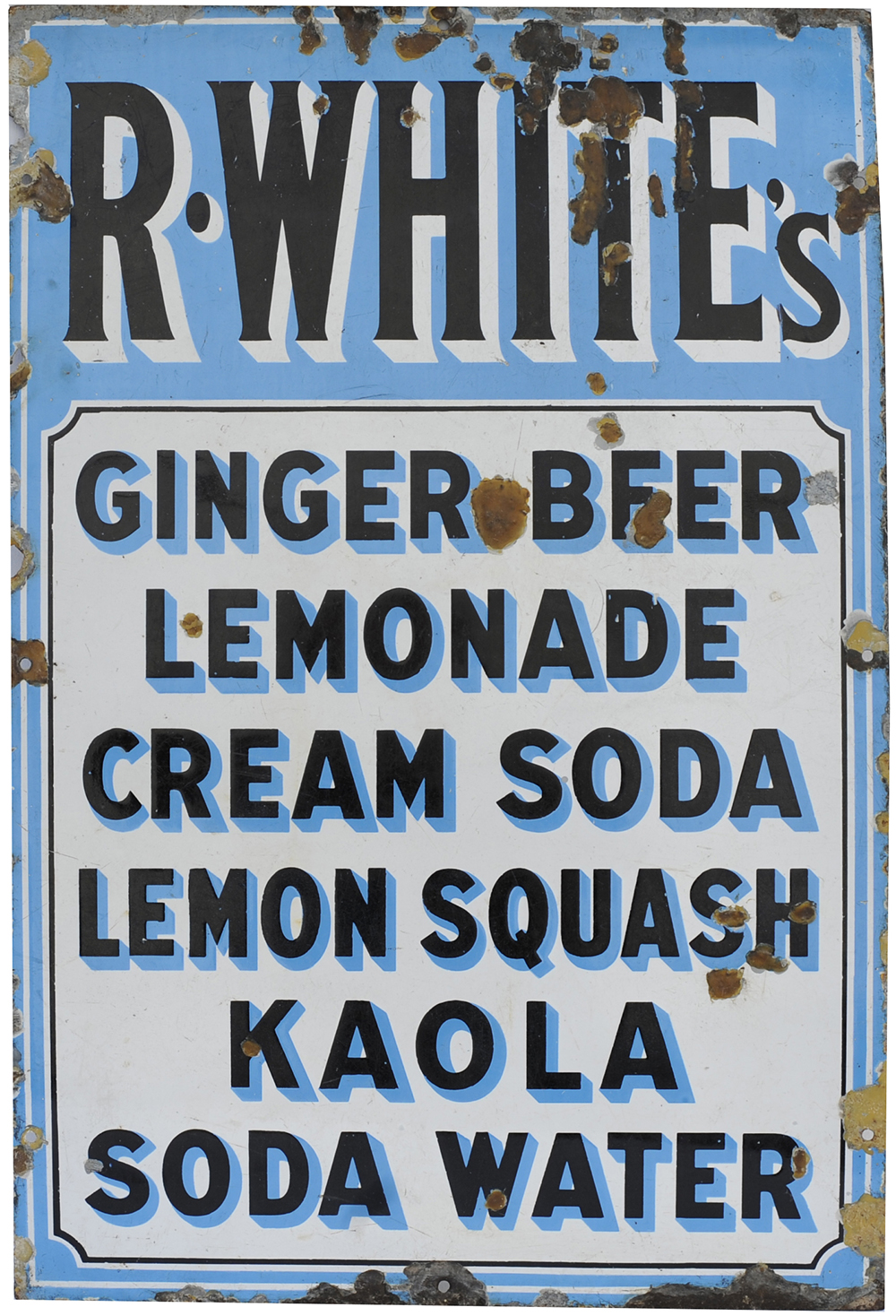 Advertising enamel sign R WHITE'S GINGER BEER LEMONADE CREAM SODA LEMON SQUASH KAOLA SODA WATER.