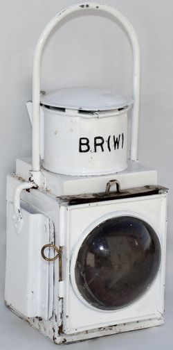 BR(W) GWR pattern locomotive lamp complete with reservoir, burner and slot in red shade. Has been