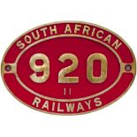 South African brass cabside numberplate SOUTH AFRICAN RAILWAYS 920 11 ex 2-8-2 built by North