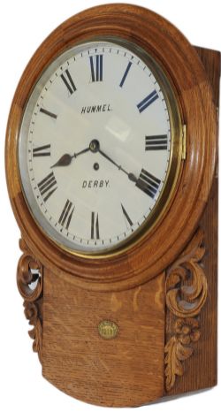 Midland Railway 12in oak cased drop dial English fusee railway clock by John Hummel of Derby circa