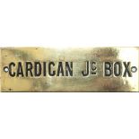 GWR hand engraved brass shelf plate CARDIGAN JC BOX. In very good condition measures 4.75in x 1.