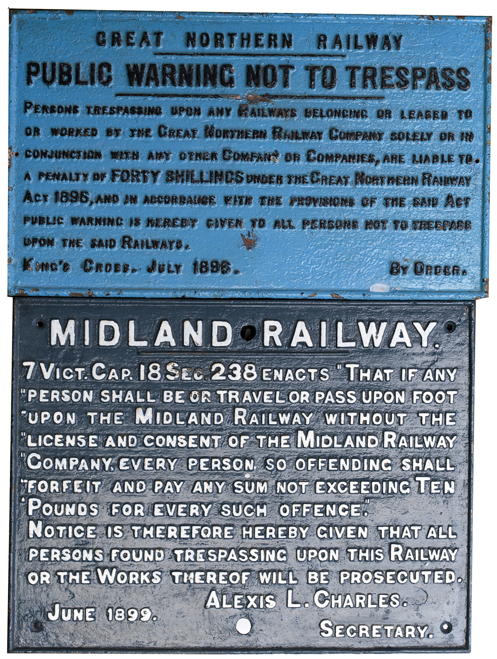 A pair of railway cast iron Trespass signs to include; Great Northern Railway example measuring 28in