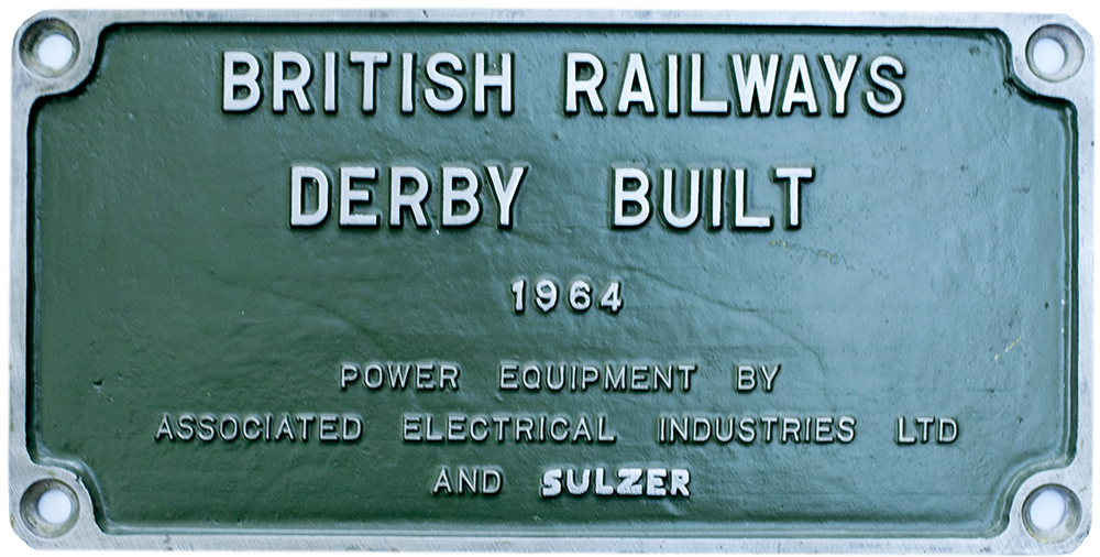Diesel worksplate BRITISH RAILWAYS DERBY BUILT 1964 POWER EQUIPMENT BY ASSOCIATED ELECTRICAL