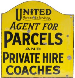 Bus motoring enamel sign UNITED AUTOMOBILE SERVICES LTD AGENT FOR PARCELS AND PRIVATE HIRE