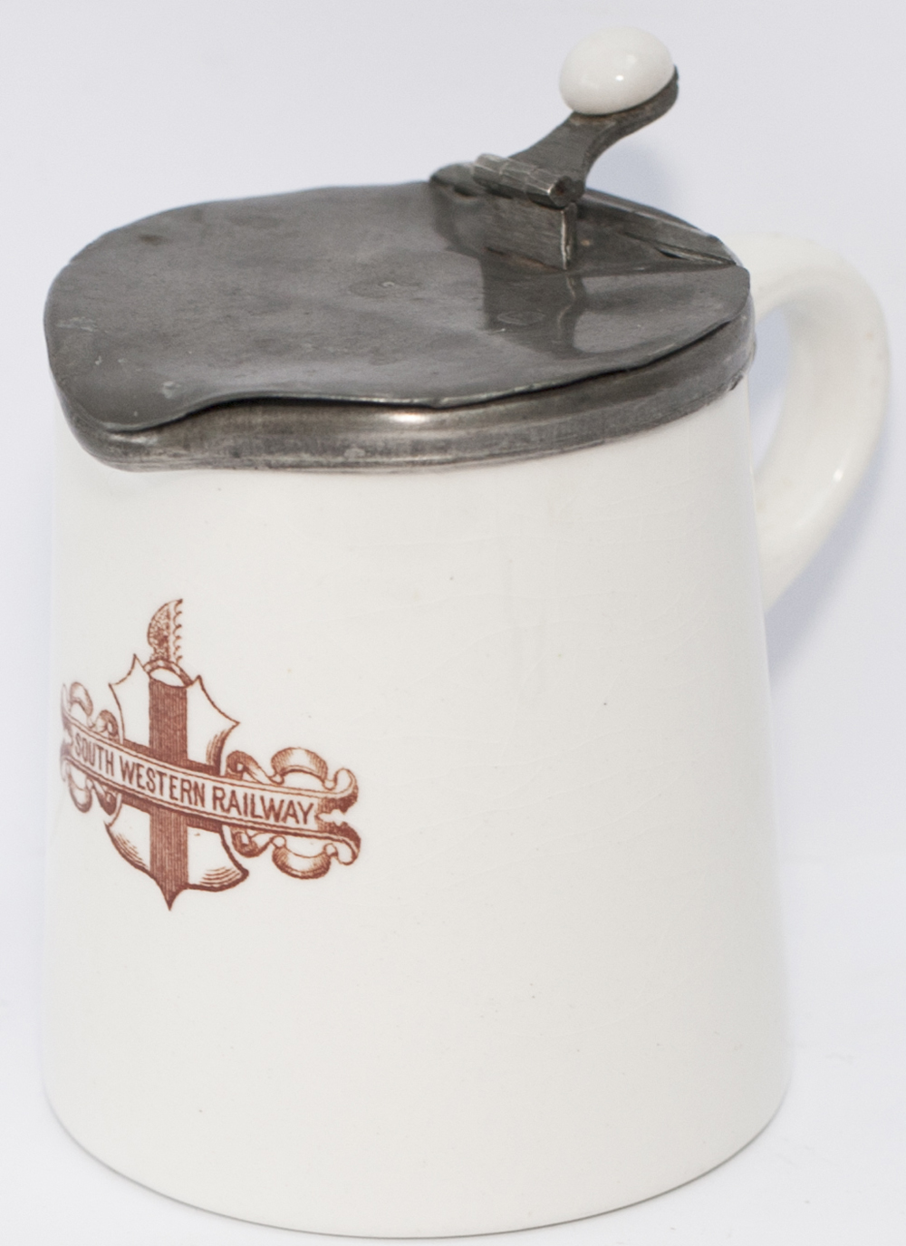 London & South Western Railway cream jug with pewter lid, marked on the front South Western Railway.