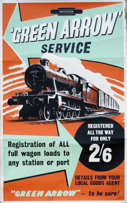 Poster BR WESTERN GREEN ARROW SERVICE by A. Wolstenholme with image of GWR Hall 7918 Rhose Wood