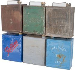 Motoring steel petrol cans with brass caps x6 to include; Pratts, Redline, BP Shell-Mex, Shell Motor