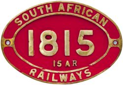 South African brass cabside numberplate SOUTH AFRICAN RAILWAYS 1815 15AR ex 4-8-2 built by North