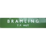 BR(S) enamel sign dark green BRAMLING T.P. HUT. Measures 26in x 6in and is in excellent condition.