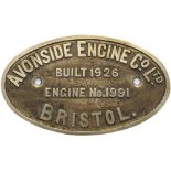 Worksplate AVONSIDE ENGINE CO LTD BUILT 1926 ENGINE No1991 BRISTOL ex GWR 1101 Class 0-4-0T number