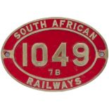 South African brass cabside numberplate SOUTH AFRICAN RAILWAYS 1049 7B ex 4-8-0 built by Neilson